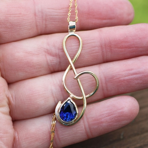 Handmade Music Sapphire Pendant Handcrafted Solid 14K Yellow Gold - Picture 6 of 11